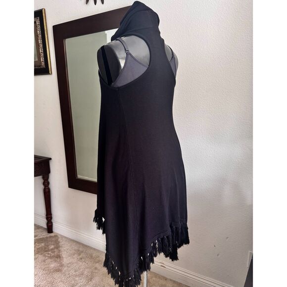 TASI Malibu Hooded Cardigan Black Boho Festival Open Front Sleeveless Duster M - Picture 7 of 9